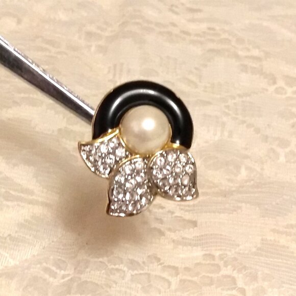 Vintage White Pearl Clear Cubic Zirconia Gold Tone Earrings Pendant - Picture 10 of 16